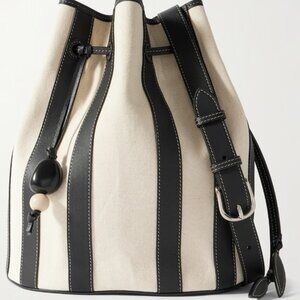 Hunting Season, extra large, leather-trimmed striped canvas bucket bag, black